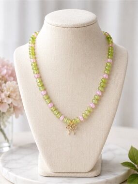 Gold Bow Pendant Green and Pink Rondell Gem Beaded Necklace with toggle clasp